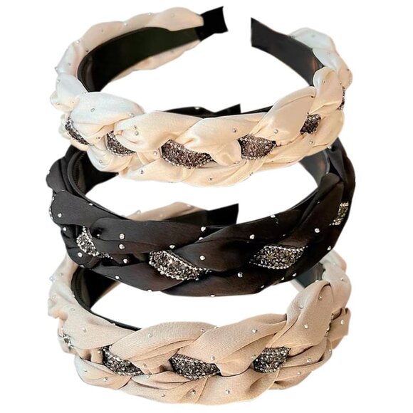 Women's Crystal Hair Bands Set Non Slip Wide Weaving Elegant Accessory - Picture 1 of 6